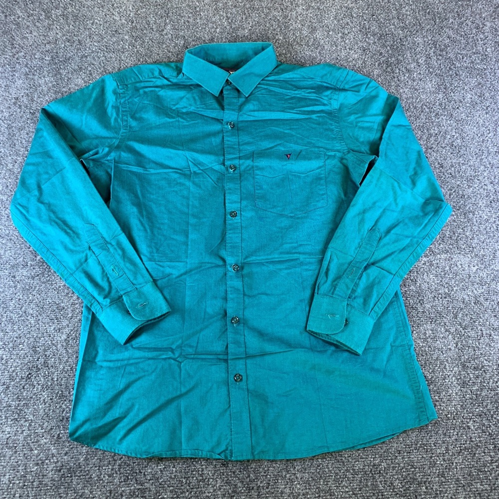 Plato Button Up Shirt Mens 38 Blue Good Long Sleeve Pocket Retro Embroidered